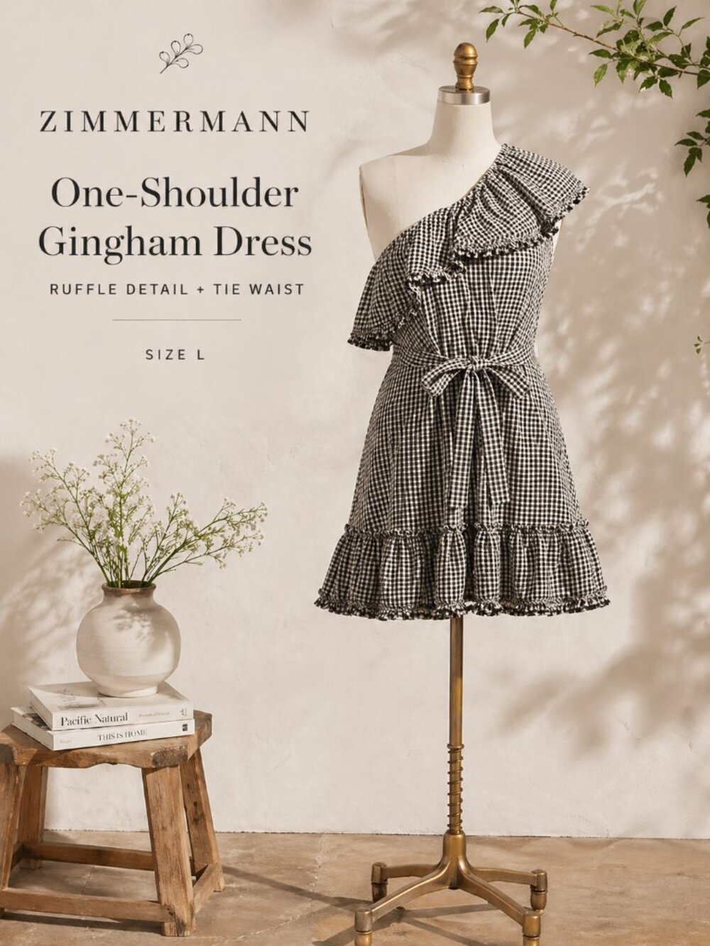 Zimmermann Style One Shoulder Ruffle Frill Gingham Dress Size 3 (or Large) VGUC